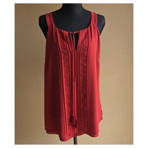 Red Sleeveless Pleated Tie-Front Blouse